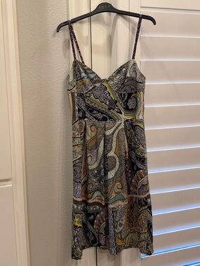 Etro Paisley Midi Dress in Navy, Yellow, Purple. Size 44. Fits US 6. Stretchy